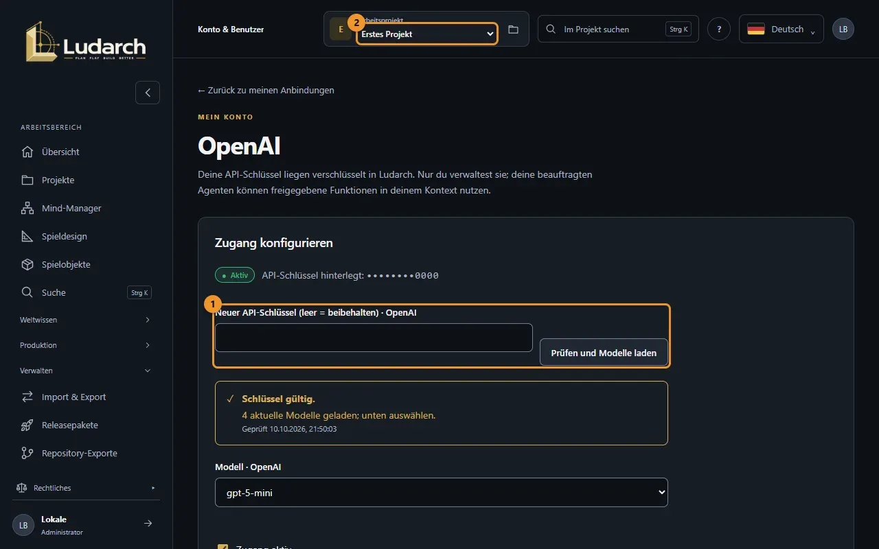 OpenAI verbinden: Schlüssel, Prüfung, Modell