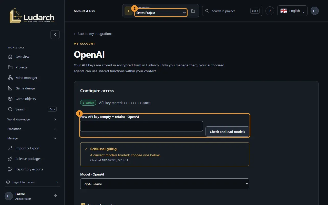 Connecting OpenAI: key, check, model