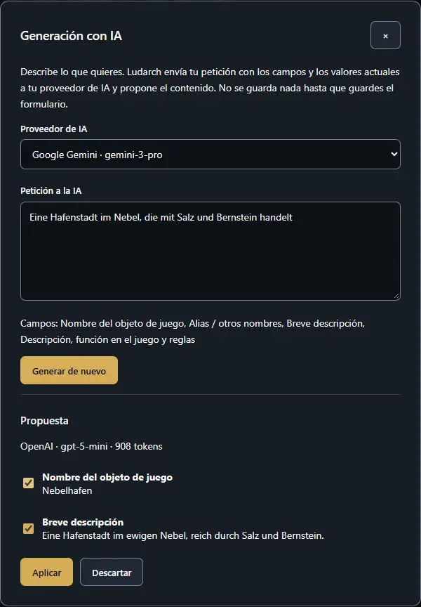 La ventana de generación con IA