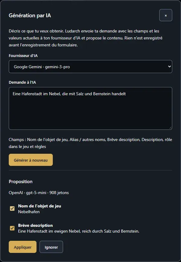 La fenêtre Génération par IA