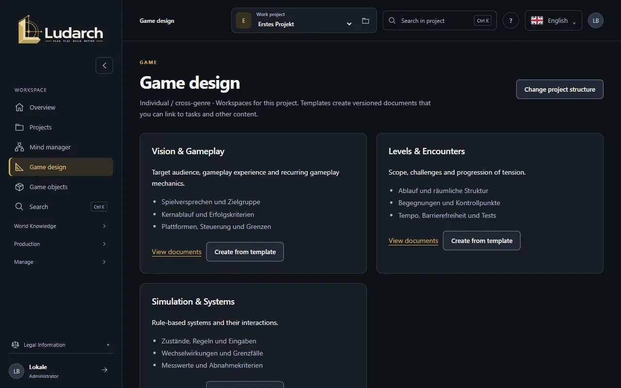 Game design areas of a project