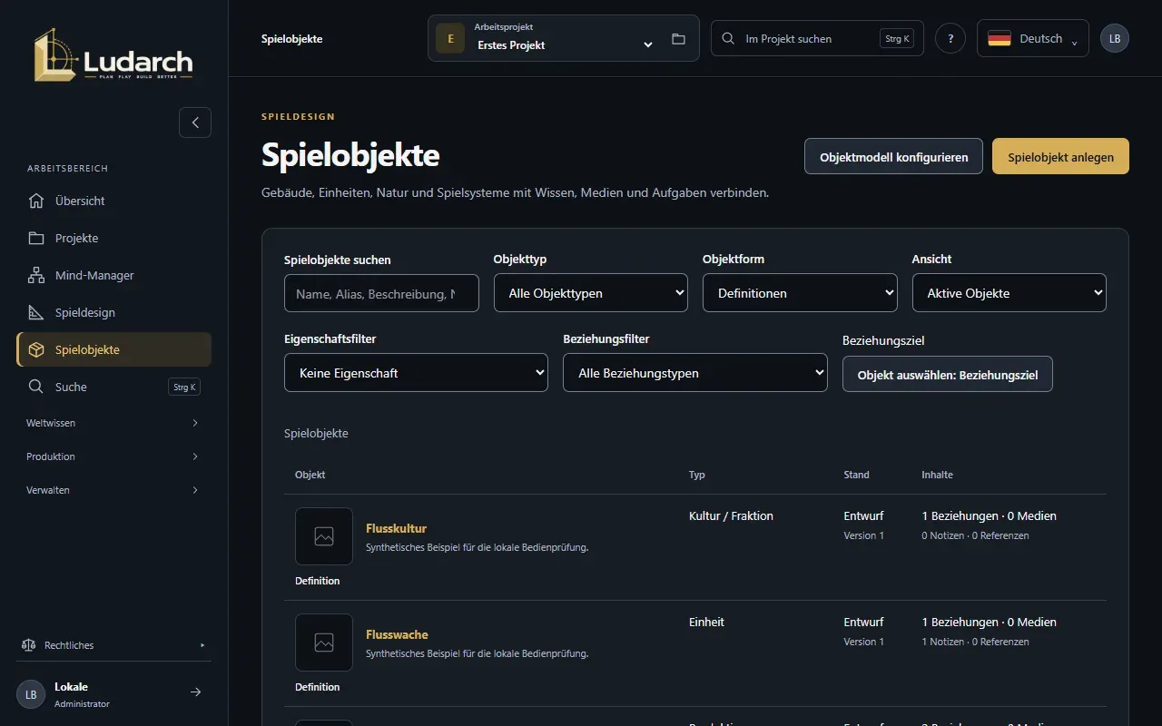 Die Liste der Spielobjekte