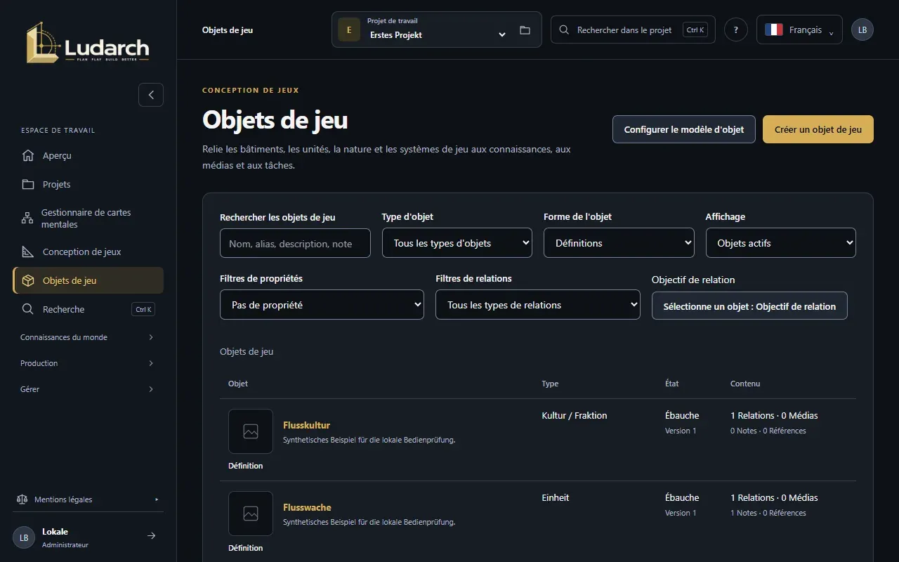 La liste des objets de jeu