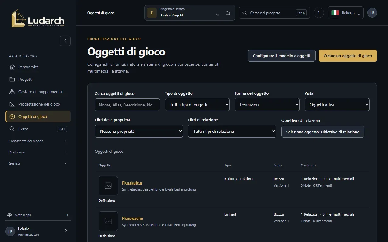 L’elenco degli oggetti di gioco