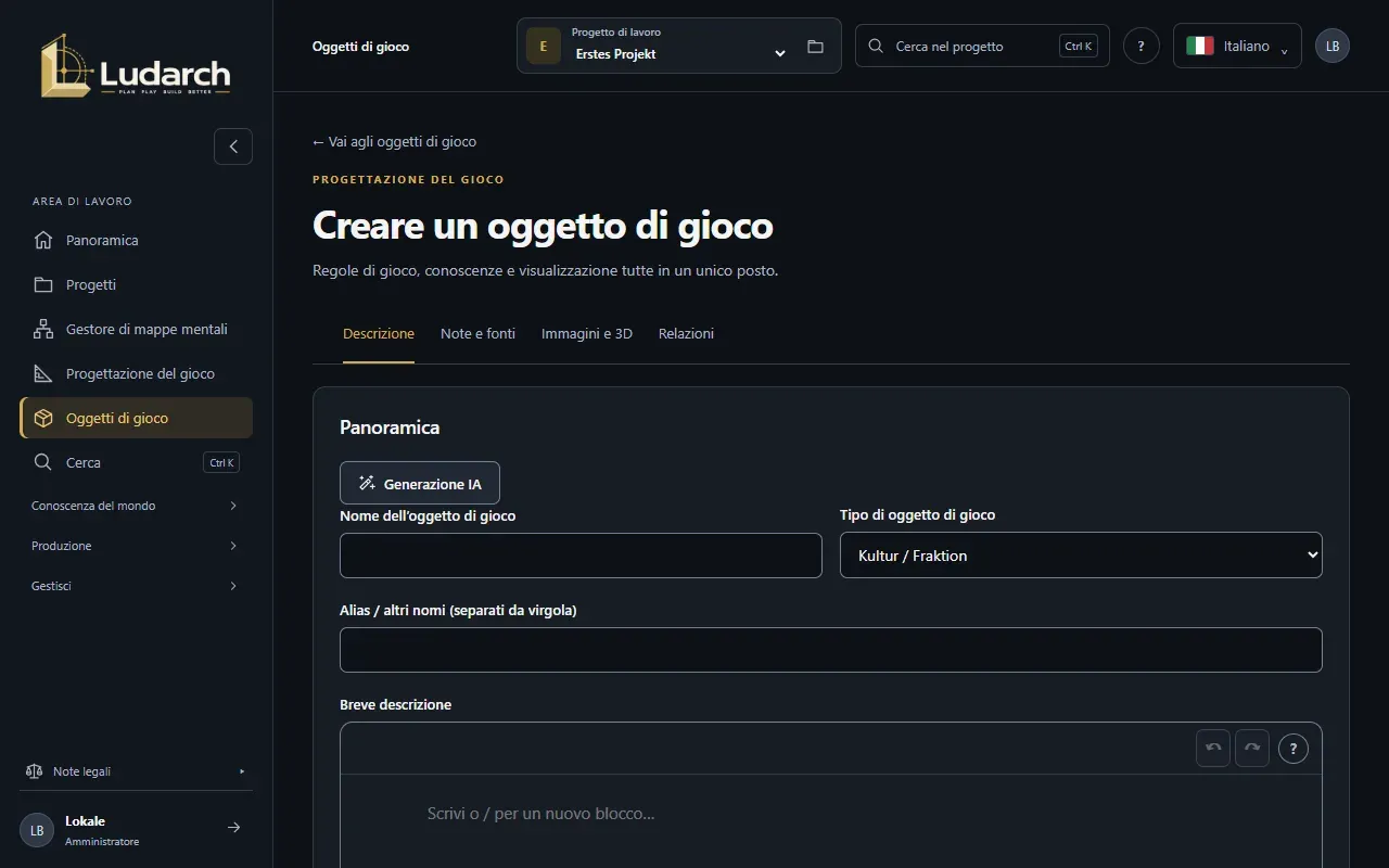 Creare un oggetto di gioco