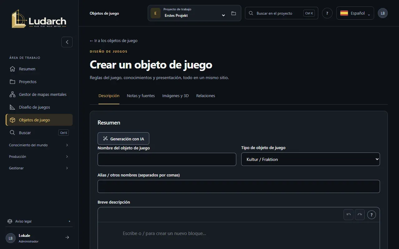 Crear un objeto de juego