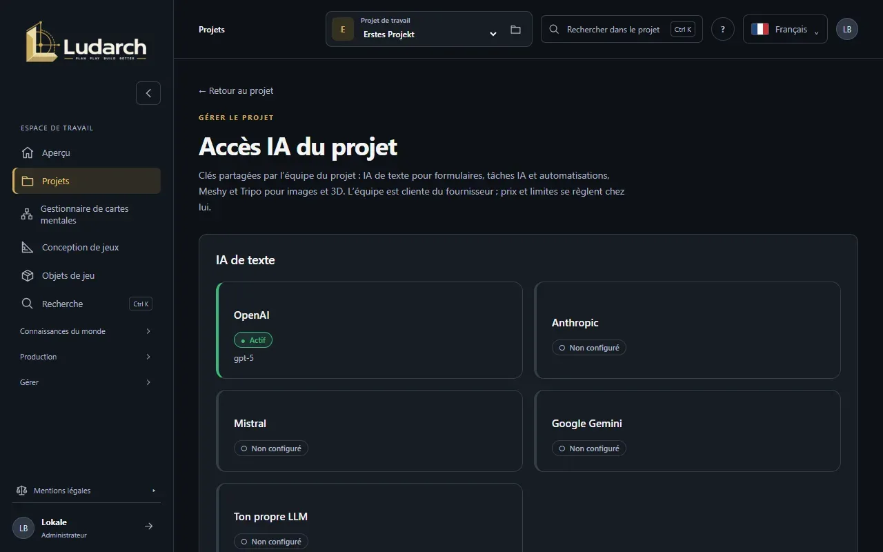 Les accès IA du projet avec IA de texte, images et 3D