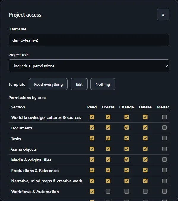 Individual permissions per area