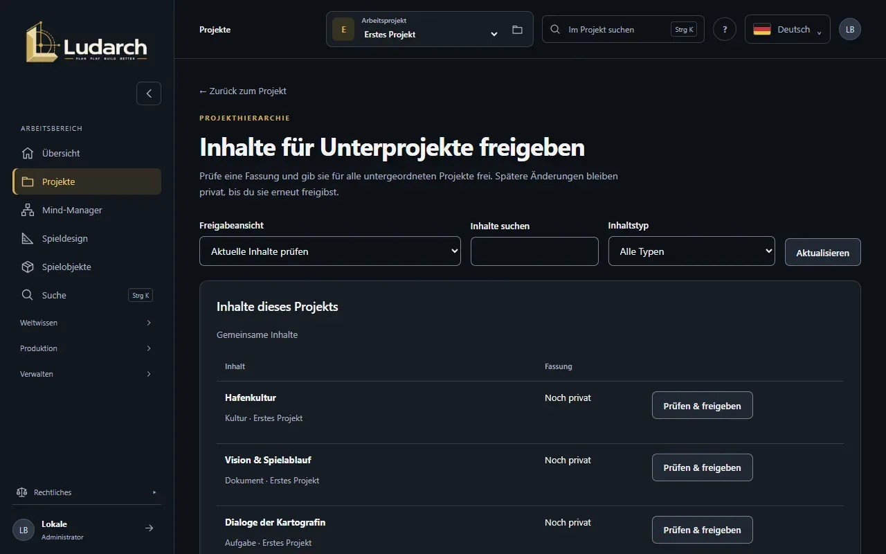 Inhalte für Unterprojekte freigeben