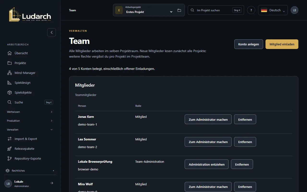 Die Teamseite mit Mitgliedern und offenen Einladungen