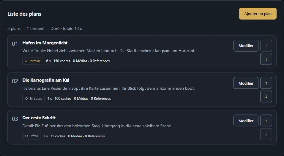 Projet vidéo avec liste de plans